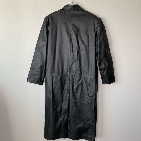 Vintage Long Leather Button Front Coat Size M Black Trench - Picture 2 of 8